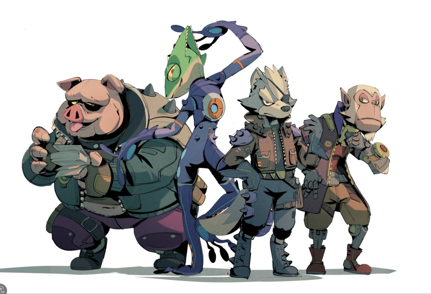 4boys, andrew_oikonny, animal_ears, bald, boots, commentary_request, cyborg, eyepatch