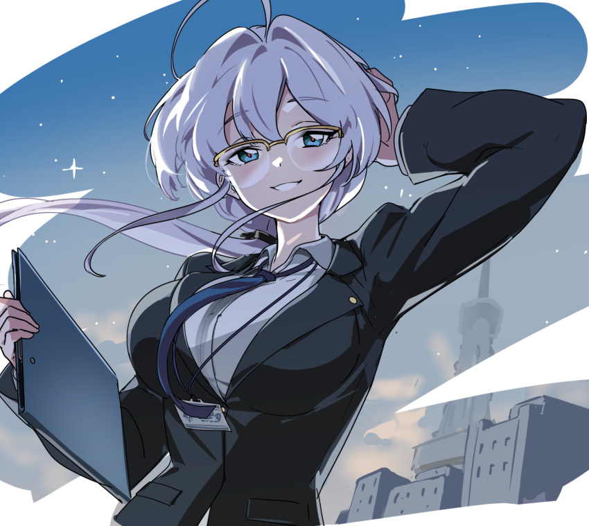 1girl, ahoge, arm_up, astrae_oratio, blue_eyes, blue_necktie, breasts, clipboard
