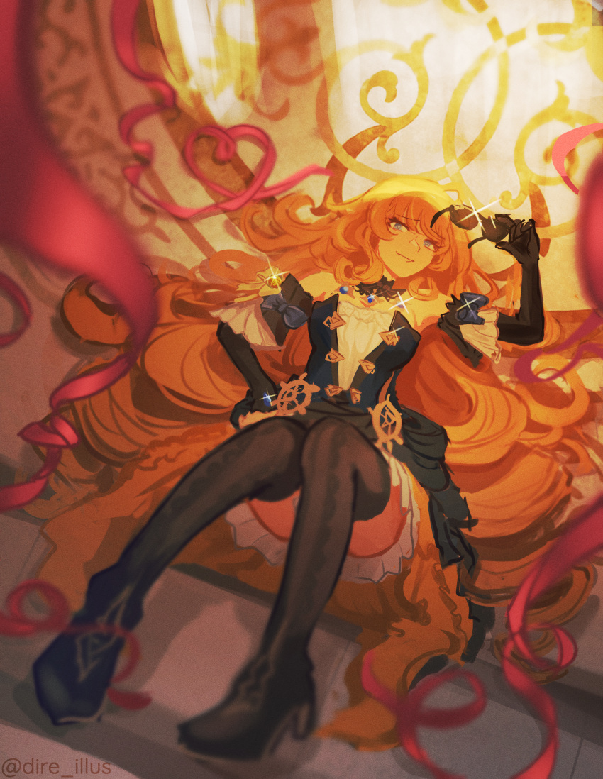 1girl, absurdres, black_boots, black_choker, black_thighhighs, blonde_hair, blue_dress, blue_eyes