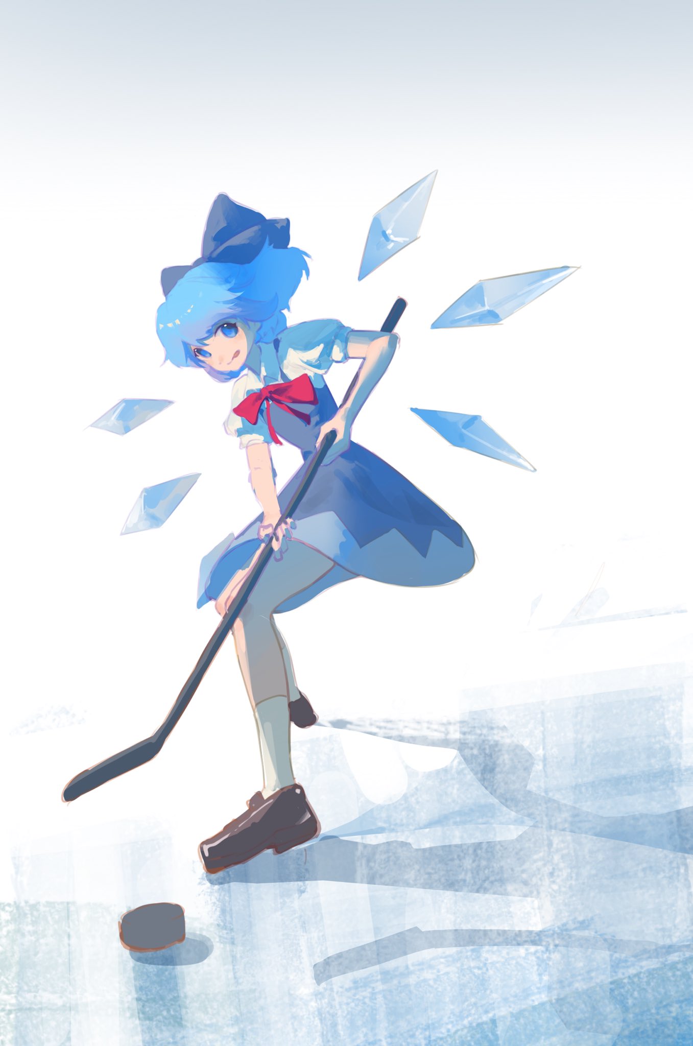 1girl, blue_bow, blue_dress, blue_eyes, blue_hair, bow, bowtie, brown_shoes
