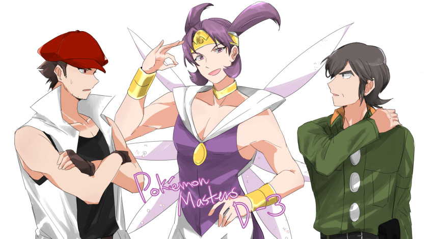 3boys, :d, belt, black_belt, black_shirt, brandon_(pokemon), brown_gloves, buttons, collarbone, commentary_request, fingerless_gloves, gloves, green_jacket, hand_up, hat, headband, highres, jacket, looking_at_another, male_focus, multiple_boys, normal_(n0mal_), open_clothes, open_mouth, open_vest, pokemon, pokemon_emerald, pokemon_ruby/sapphire/emerald, purple_hair, red_hat, shirt, sleeveless, sleeveless_shirt, smile, sweatdrop, thorton_(pokemon), tucker_(pokemon), vest