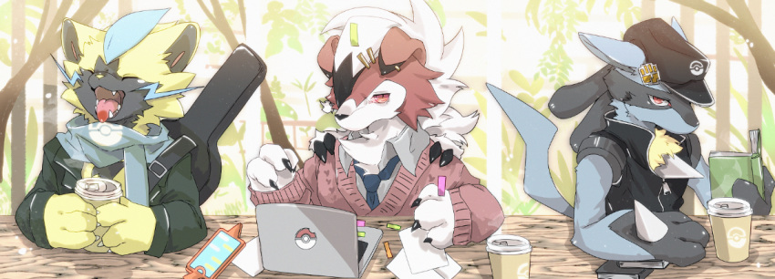 3boys, ao_gravity, body_fur, cat_boy, claws, commentary_request, computer, cup
