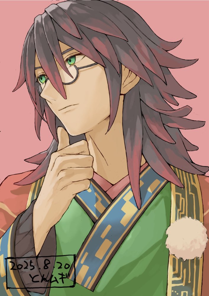 1boy, brown_hair, glasses, gradient_hair, green_eyes, green_robe, hair_between_eyes, japanese_clothes