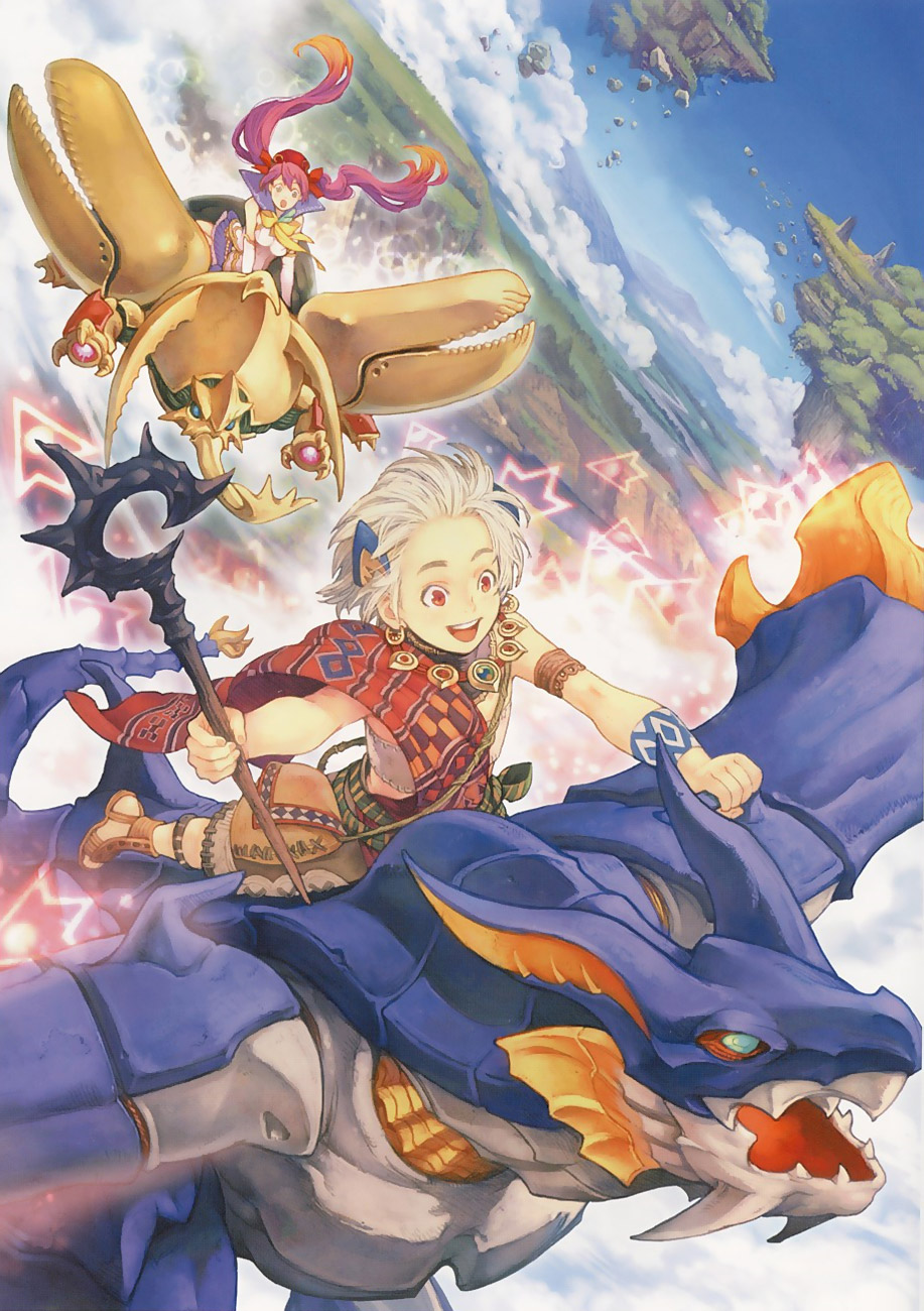 bandeau, beetle, blue_eyes, cave_(developer), cloud, dragon, elbow_gloves, gloves