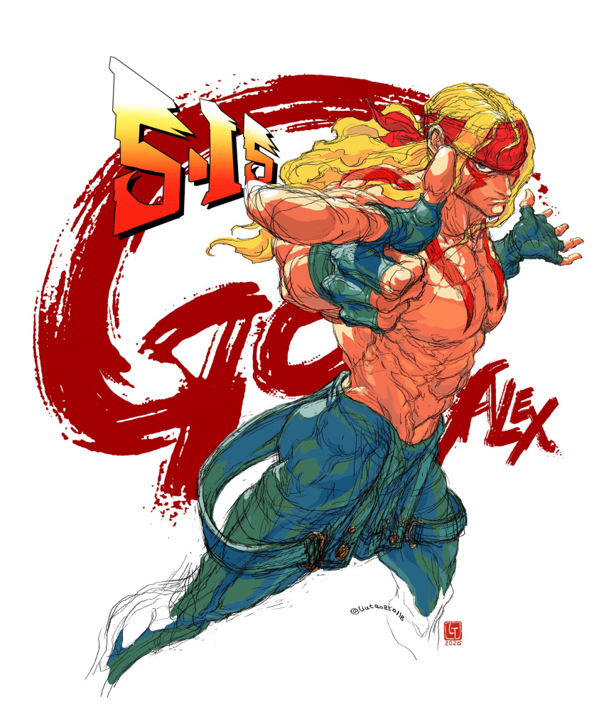 1boy, abs, absurdres, alex_winger, blonde_hair, blue_eyes, character_name, fingerless_gloves