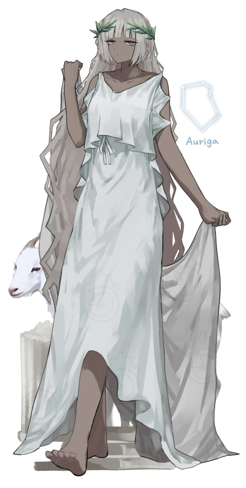1girl, absurdres, ancient_greek_clothes, auriga_(constellation), barefoot, charon_(project_moon), column, constellation, dark-skinned_female, dark_skin, expressionless, full_body, goat, greco-roman_clothes, grey_eyes, grey_hair, highres, laurel_crown, limbus_company, long_hair, looking_at_viewer, naughty_0b, peplos, pillar, project_moon, very_long_hair