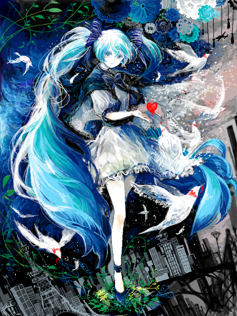 aqua_eyes, aqua_hair, bird, cyanblue, dress, hatsune_miku, heart, long_hair
