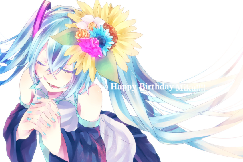 aqua_hair, bad_id, closed_eyes, detached_sleeves, eyes_closed, flower, hair_flower, hair_ornament