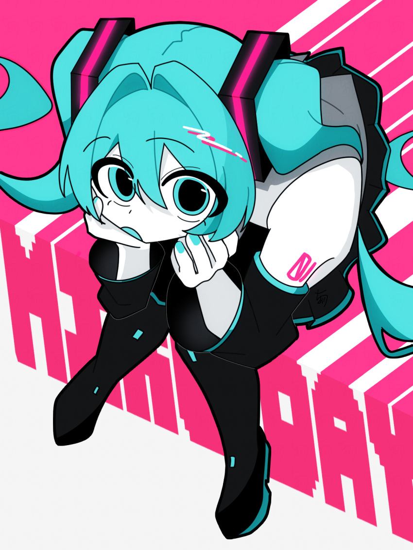 1girl, aqua_eyes, aqua_hair, aqua_nails, arm_tattoo, bare_shoulders, black_boots, black_skirt