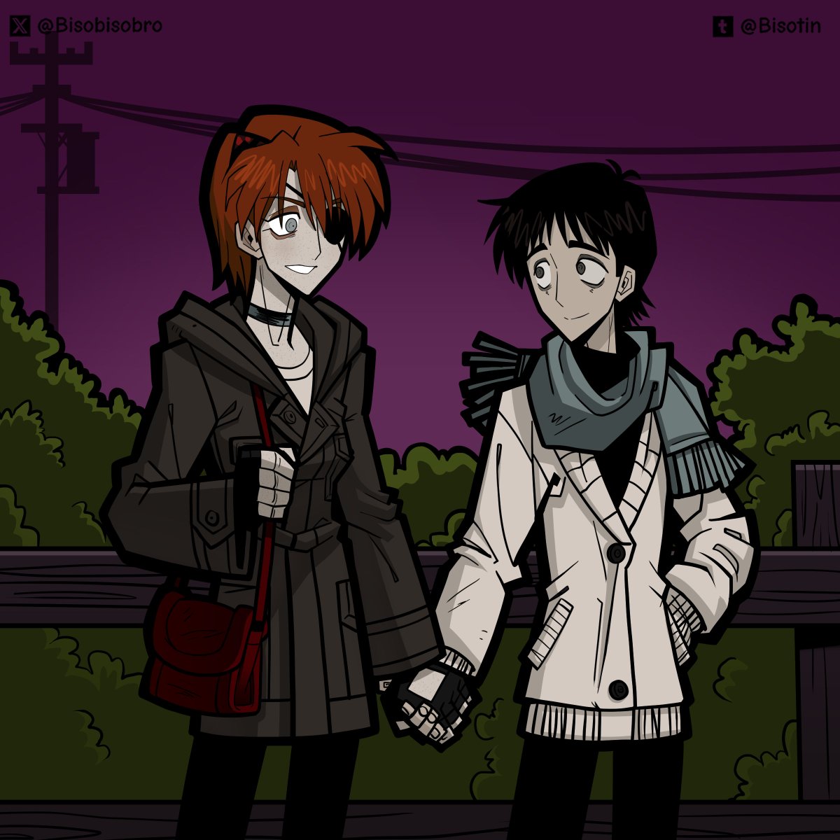 1boy, 1girl, alternate_costume, alternate_hair_length_(shorter), bag, bisotin_(bisobisobro), black_choker, black_gloves, black_hair, black_pants, black_shirt, blue_scarf, brown_coat, cardigan, casual, choker, closed_mouth, coat, eyepatch, fence, fingerless_gloves, gloves, grey_eyes, hand_in_pocket, handbag, highres, holding_hands, hood, hooded_coat, ikari_shinji, interface_headset_(evangelion), looking_at_another, neon_genesis_evangelion, orange_hair, pants, purple_sky, rebuild_of_evangelion, red_bag, scarf, shirt, short_hair, sky, smile, souryuu_asuka_langley, turtleneck, turtleneck_shirt, utility_pole, white_cardigan, wooden_fence