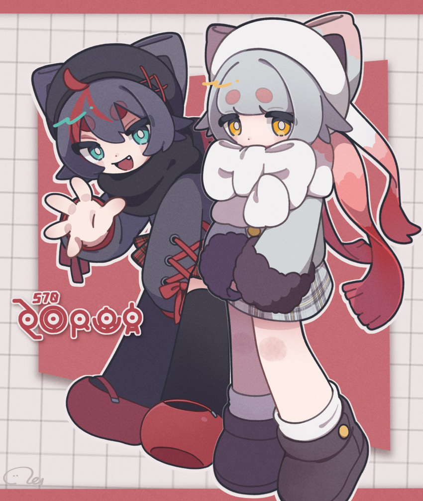 064mn, 2girls, :d, animal_ears, aqua_eyes, black_hair, black_hat, black_scarf