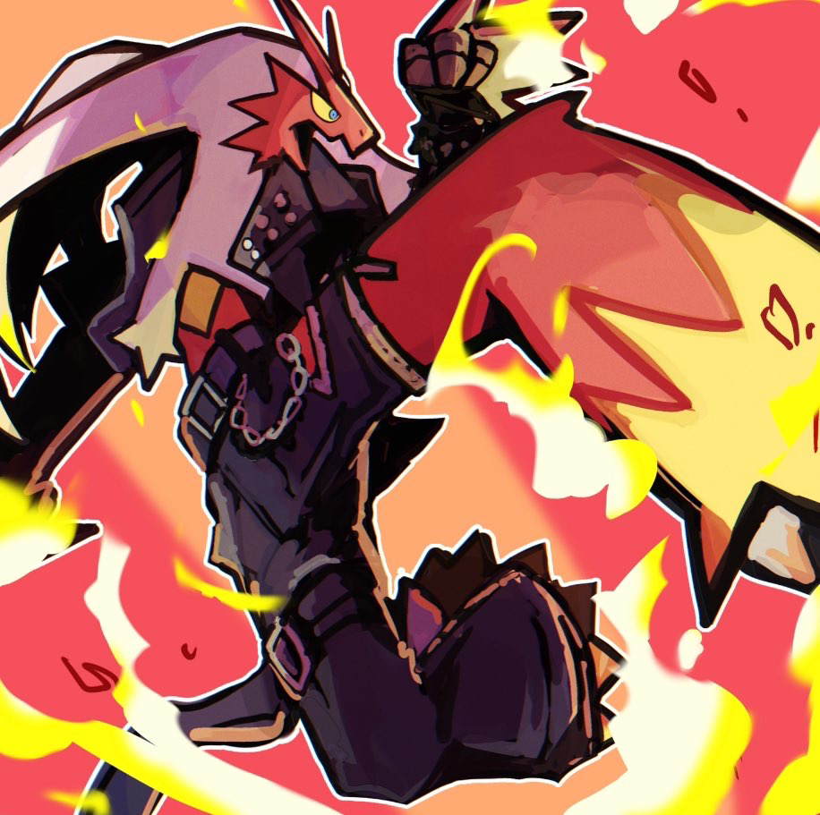 1other, arumia, black_jacket, blaziken, blaziken_(punk), blue_eyes, body_fur, cropped_jacket