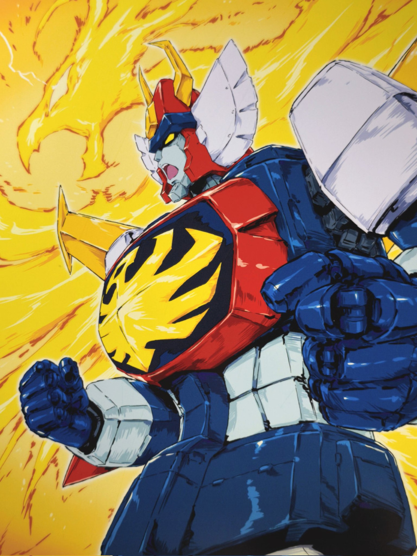 bird, clenched_hands, commentary_request, cowboy_shot, fire, highres, horns, joints