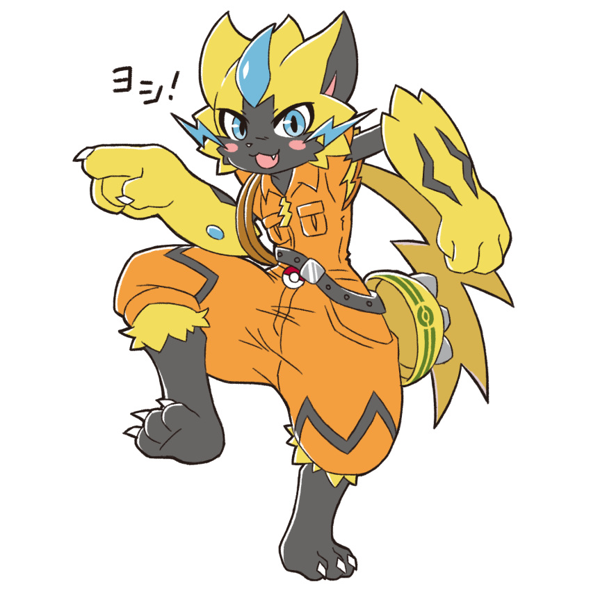 1other, acky, blue_eyes, body_fur, claws, fang, full_body, furry, genba_neko_(meme), hard_hat, helmet, highres, jumpsuit, looking_at_viewer, meme, orange_jumpsuit, pointing, pokemon, pokemon_(creature), pokemon_unite, simple_background, sleeveless_jumpsuit, solo, standing, standing_on_one_leg, white_background, yellow_fur, zeraora_(power_plant)