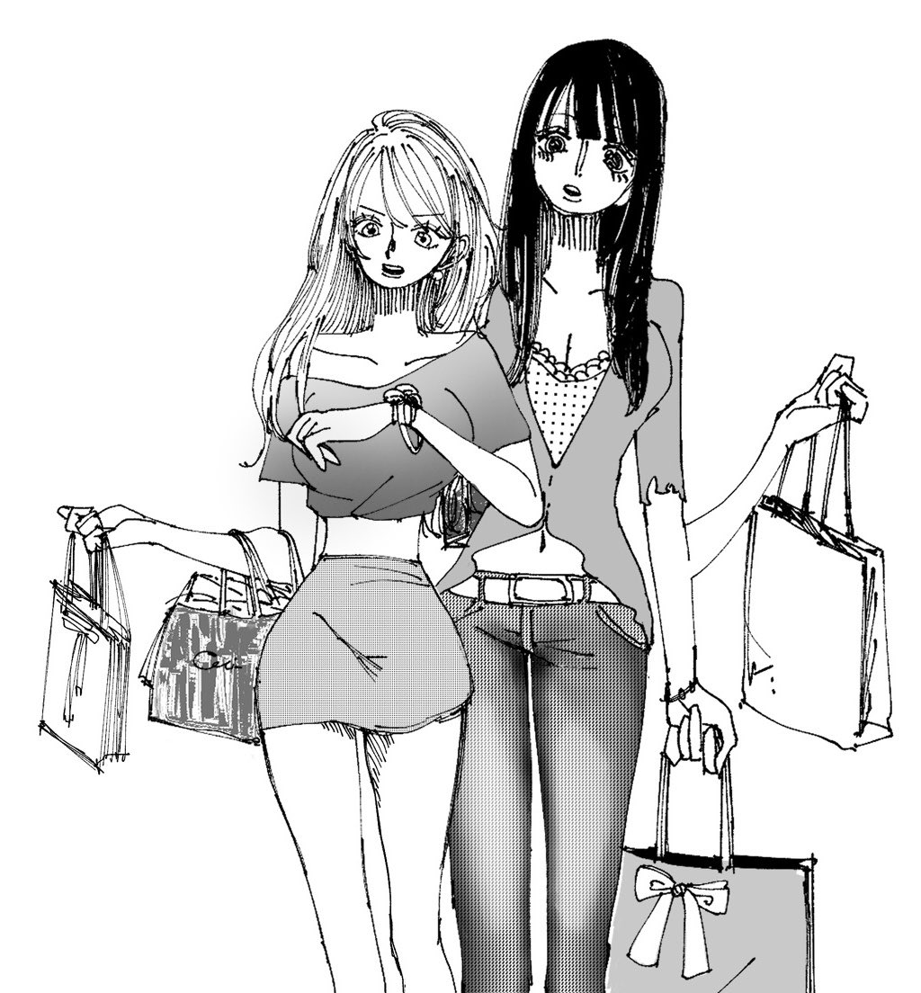 2girls, bag, blunt_bangs, bracelet, commentary, crop_top, earrings, extra_arms