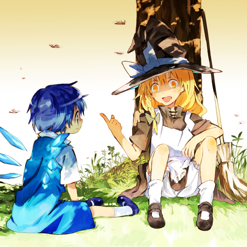 asaki, blonde_hair, bloomers, blue_eyes, bow, braid, broom, cirno