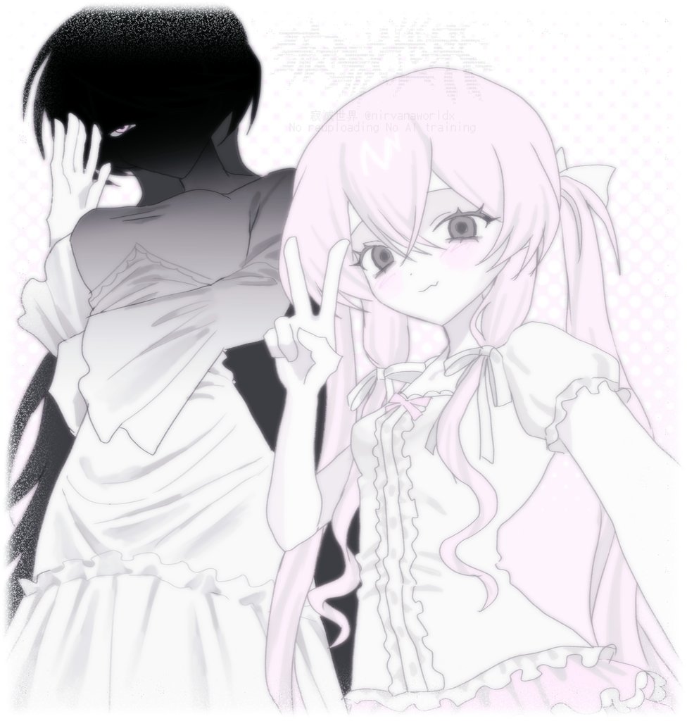 2others, a-chan_(meidodown), black_hair, blush, bow, breasts, closed_mouth, colored_skin, dot_nose, dress, frilled_dress, frilled_skirt, frilled_sleeves, frills, grey_eyes, long_hair, long_sleeves, medium_breasts, meidodown, multiple_others, original, other_focus, pink_background, pink_bow, pink_eyes, pink_hair, pink_skirt, polka_dot, polka_dot_background, puffy_sleeves, s-san_(meidodown), short_sleeves, skirt, small_breasts, twintails, v, white_dress, white_skin