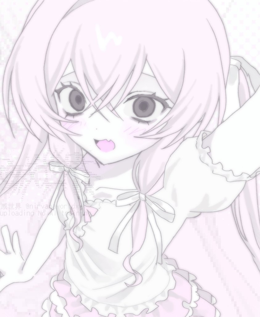 1other, a-chan_(meidodown), blush, bow, dot_nose, dress, dress_bow, frilled_dress, frilled_skirt, frilled_sleeves, frills, grey_eyes, long_hair, meidodown, original, pink_bow, pink_hair, pink_skirt, pink_theme, puffy_short_sleeves, puffy_sleeves, ribbon, short_sleeves, skirt, white_dress, white_ribbon, zoom_layer