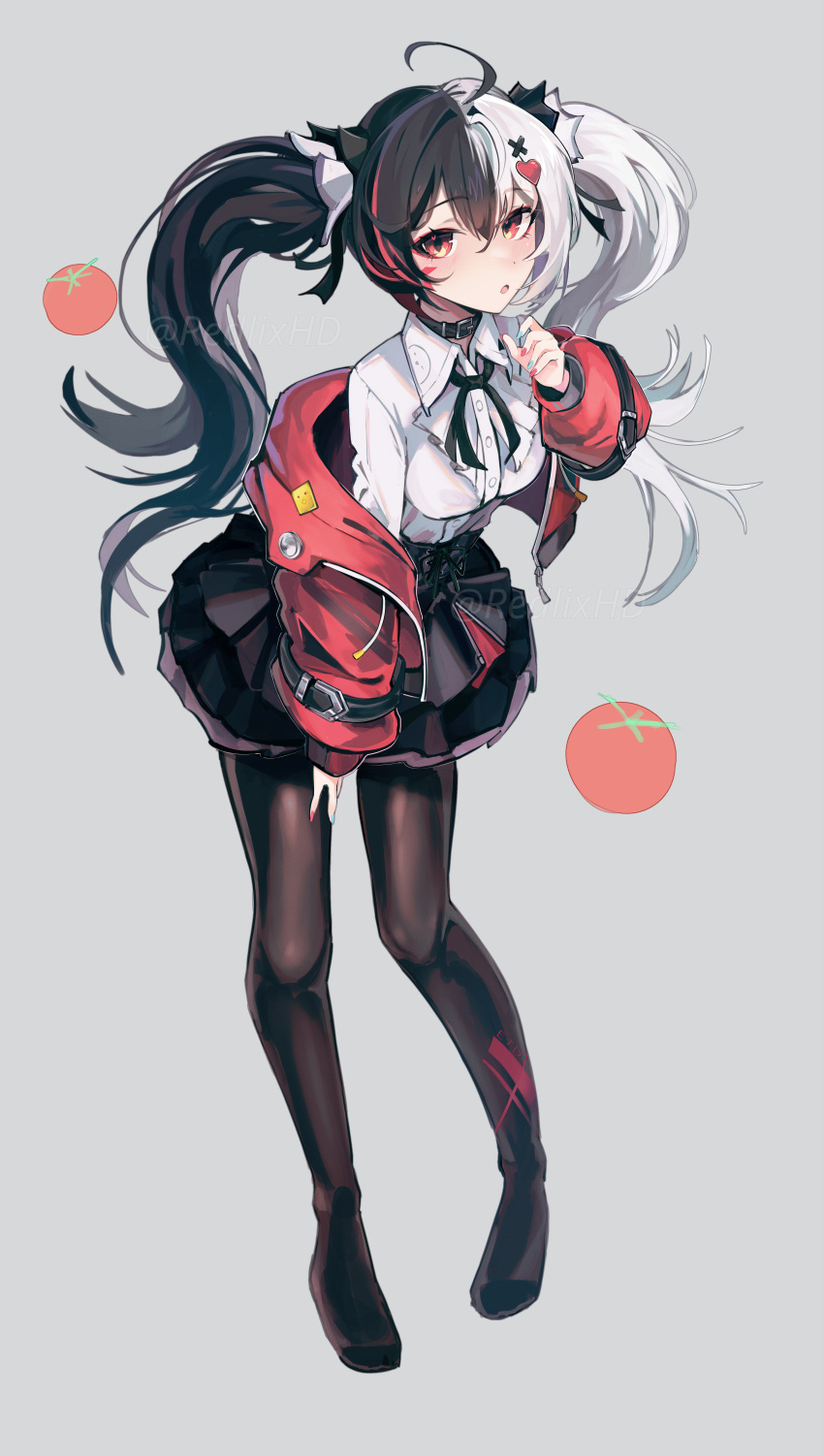 1girl, absurdres, ahoge, black_hair, black_pantyhose, black_shoes, black_skirt, blue_nails, cardigan, hair_ornament, heart, heart_hair_ornament, highres, lacrimosa_(nte), long_hair, looking_at_viewer, multicolored_hair, multicolored_nails, nail_polish, neverness_to_everness, open_mouth, pantyhose, red_cardigan, red_eyes, red_nails, red_streaks, redlixhd, shoes, skirt, solo, split-color_hair, streaked_hair, tomato, twintails, white_hair, x_hair_ornament