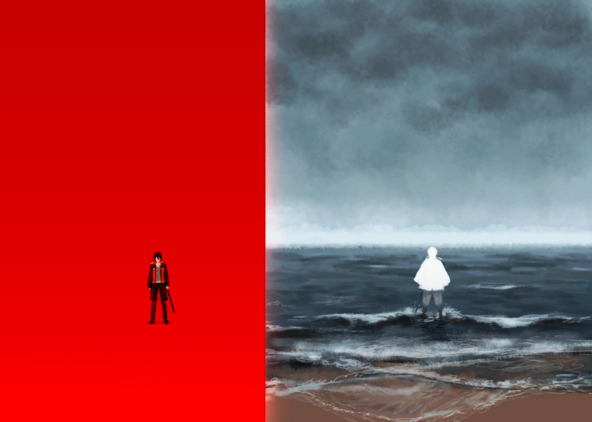 2boys, beach, black_hair, black_jacket, black_pants, clouds, cloudy_sky, full_body, gintama, highres, ikusaaaaaaa, jacket, japanese_clothes, kimono, male_focus, multiple_boys, ocean, outdoors, pants, polar_opposites, red_background, sakata_gintoki, samurai, sky, split_screen, split_theme, standing, takasugi_shinsuke, wading, waves, white_hair, white_kimono, wide_sleeves