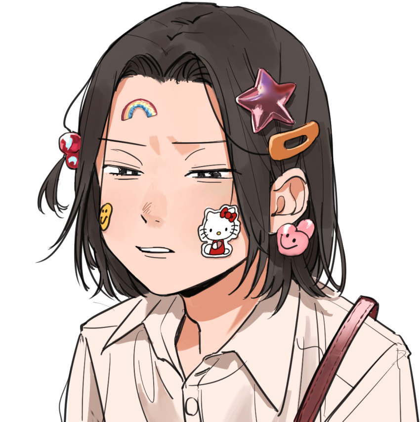 1boy, adam's_apple, bag, black_eyes, black_hair, bob_cut, bright_pupils, character_sticker, coincoinco, collared_shirt, commentary_request, curtained_hair, furrowed_brow, hair_ornament, hairclip, heart, heart_hair_ornament, hello_kitty, hello_kitty_(character), ibu_shinji, looking_ahead, male_focus, narrowed_eyes, one_side_up, parted_bangs, parted_hair, parted_lips, portrait, rainbow, rainbow_sticker, sanrio, shirt, short_hair, shoulder_bag, simple_background, smiley_face, solo, star_(symbol), star_hair_ornament, sticker, sticker_on_face, tennis_no_ouji-sama, white_background, white_pupils, white_shirt