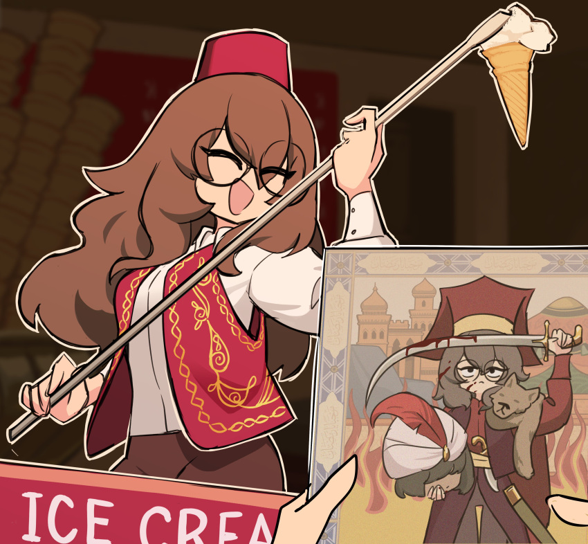 absurdres, blood, brown_hair, brown_pants, centurii-chan, closed_eyes, commentary, dagger