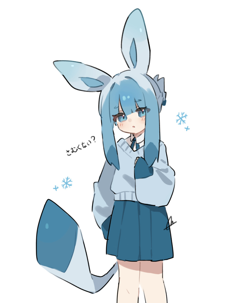 1girl, animal_ears, blue_eyes, blue_hair, blue_skin, blue_sweater, blush, colored_skin