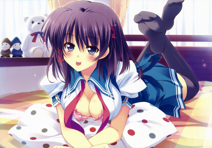 :p, absurdres, bed, black_legwear, blue_eyes, blush, bra, breasts
