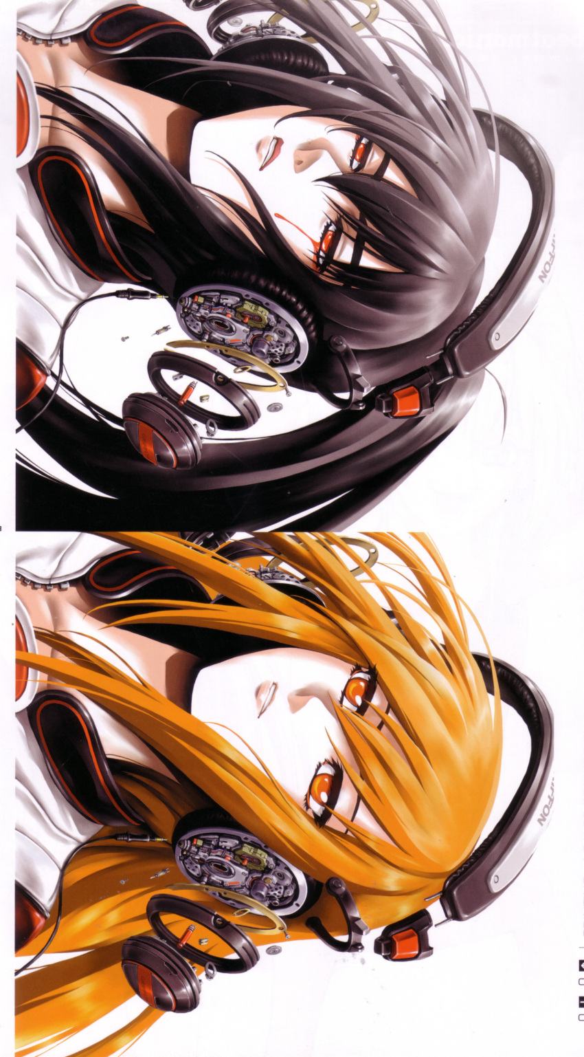 2girls, absurdres, artbook, beatmania_iidx, beatmania_iidx_11_iidx_red, bemani, black_hair, broken, dj_sakura, goli_matsumoto, half-closed_eyes, headphones, highres, long_hair, looking_at_viewer, multiple_girls, official_art, orange_eyes, orange_hair, ponytail, red_eyes, scan, sideways, simple_background, third-party_source, umegiri_iroha, variations, white_background