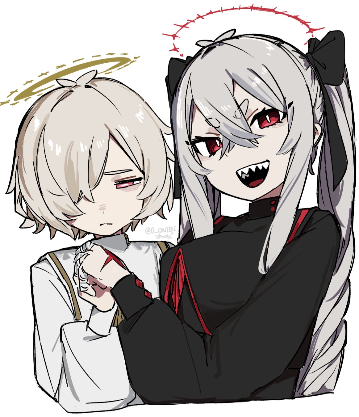 0_onibi, 1boy, 1girl, antenna_hair, bandaged_fingers, bandages, black_dress, bow