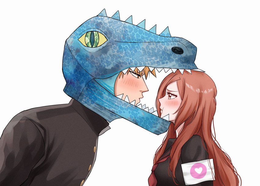 1boy, 1girl, absurdres, black_jacket, bleach, bleach:_the_high_school_warfare, blush, breasts, brown_eyes, brown_hair, commentary, dinosaur_head, gakuran, hair_down, highres, inoue_orihime, jacket, kurosaki_ichigo, large_breasts, leaning_forward, long_hair, orange_hair, pout, puckered_lips, school_uniform, sela_(chanppu), serafuku