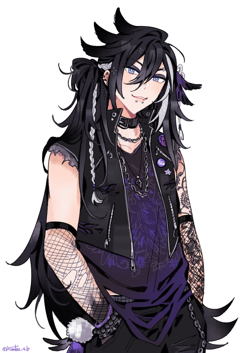 1boy, absurdres, alternate_costume, alternate_hair_color, alternate_hairstyle, arm_tattoo, arm_warmers, badge