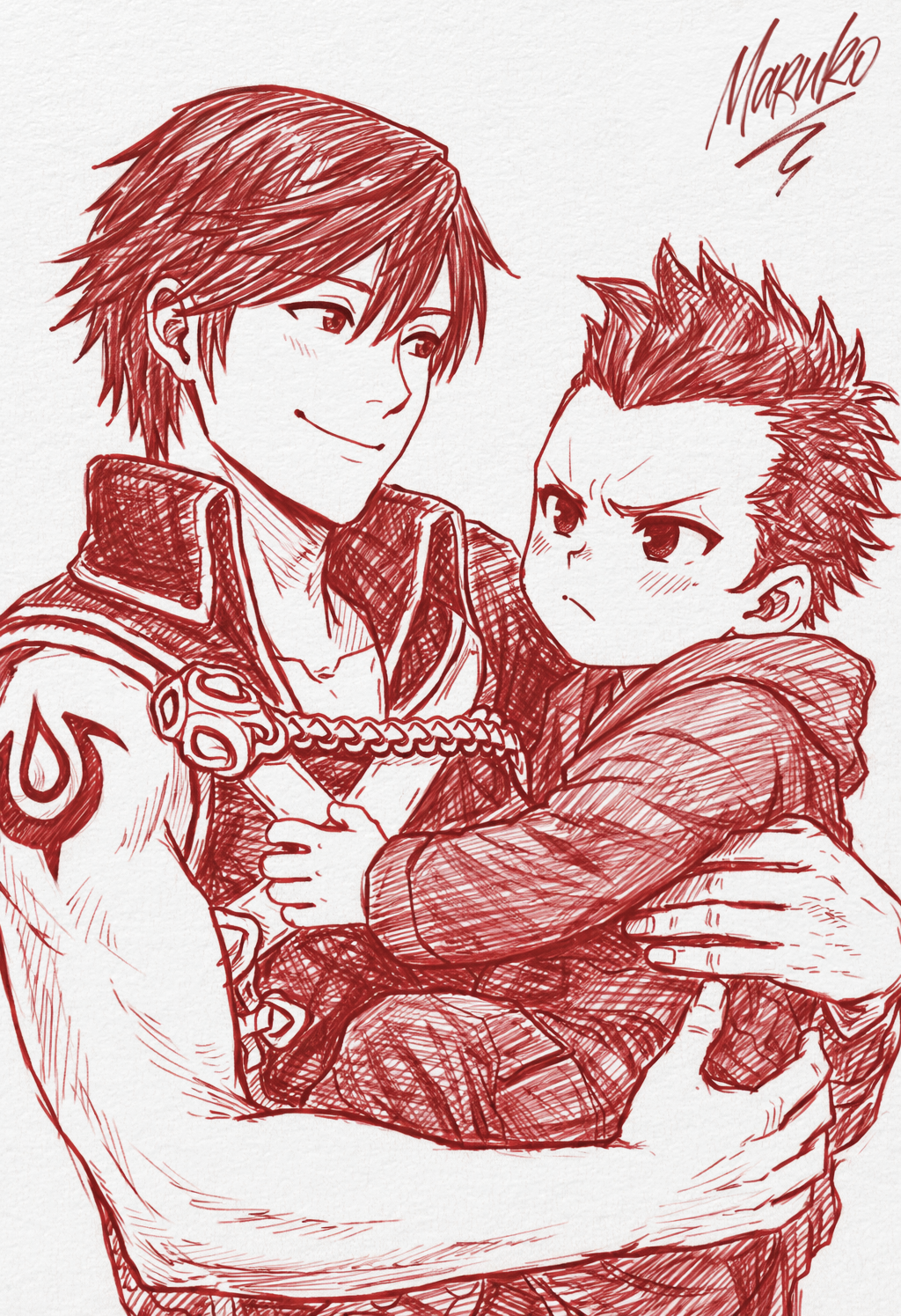 2boys, aged_down, brady_(fire_emblem), carrying, child_carry, chrom_(fire_emblem), closed_mouth, commentary