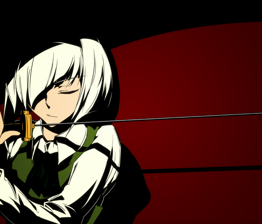 bad_id, closed_eyes, ex_hien, eyes_closed, grey_hair, hair_over_one_eye, katana, konpaku_youmu