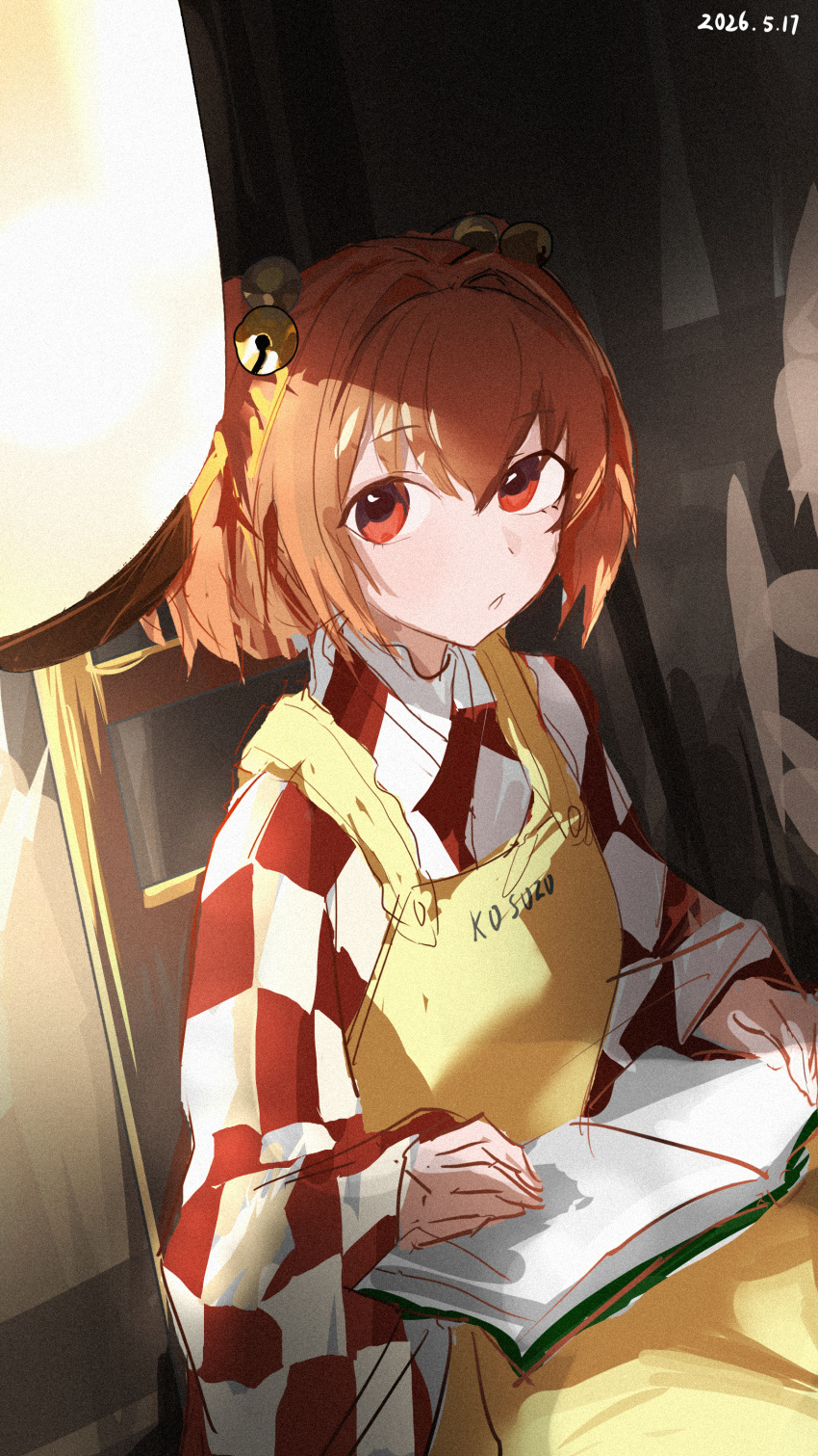 1girl, absurdres, apron, bell, book, chair, checkered_clothes, checkered_kimono