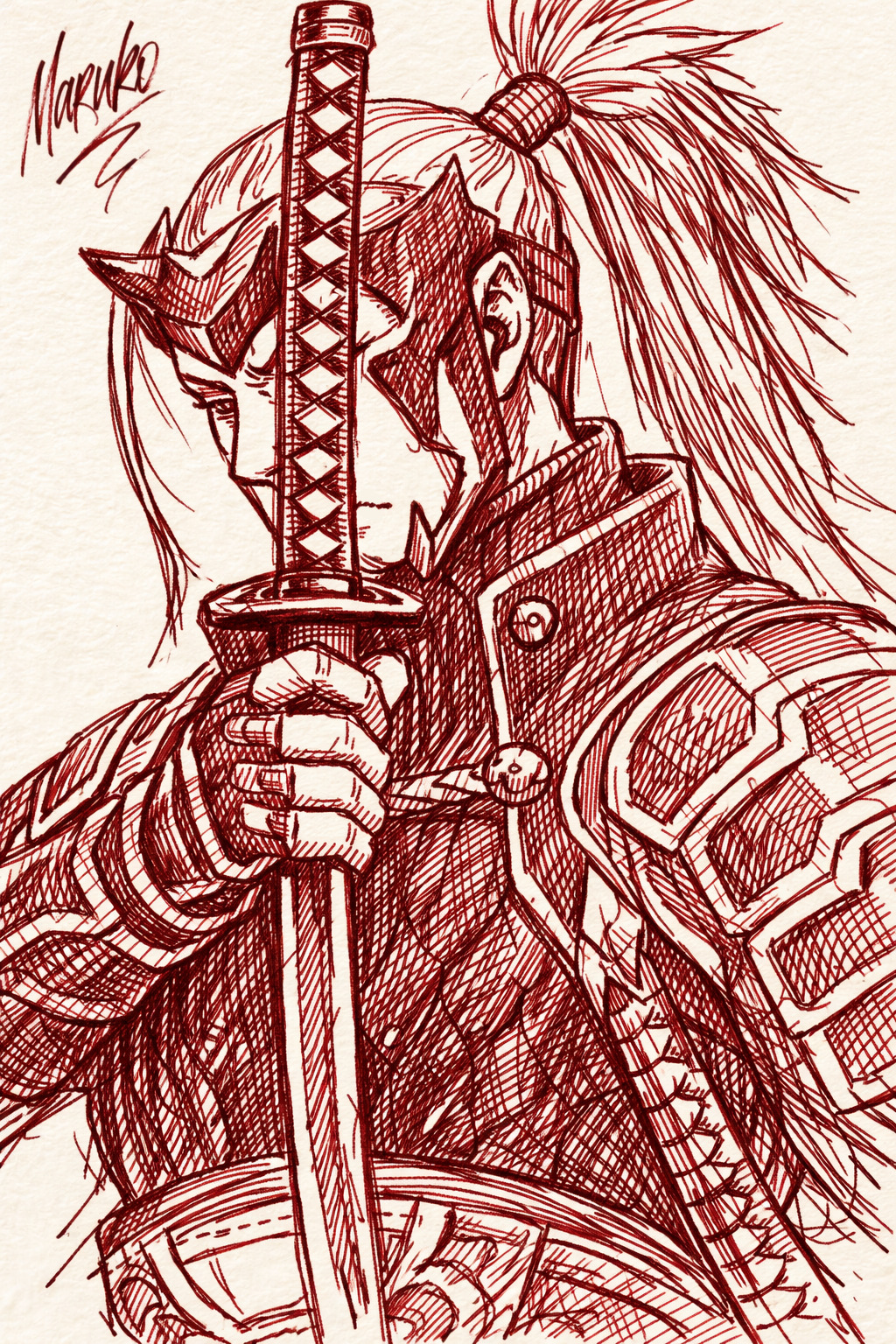 1boy, armor, fire_emblem, fire_emblem_awakening, highres, holding, holding_weapon, japanese_armor, katana, long_hair, male_focus, ponytail, redpenchaos, solo, sword, upper_body, weapon, yen'fay_(fire_emblem)
