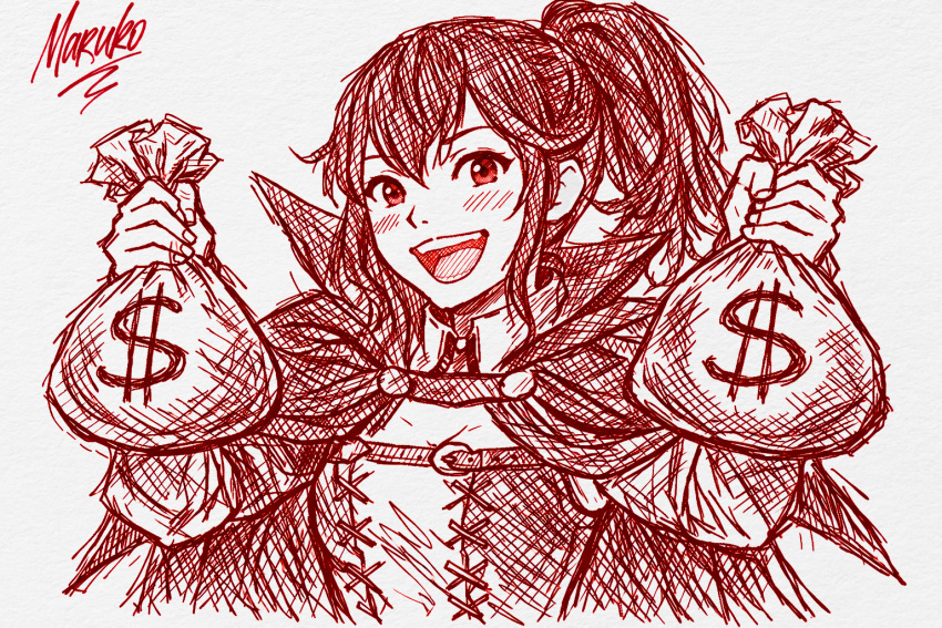 1girl, anna_(fire_emblem), anna_(fire_emblem_awakening), fire_emblem, fire_emblem_awakening, looking_at_viewer, money_bag, open_mouth