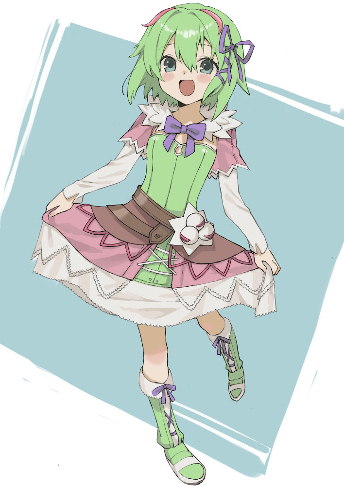 1girl, :d, antennae, blue_eyes, capelet, green_hair, hair_between_eyes, hair_ribbon