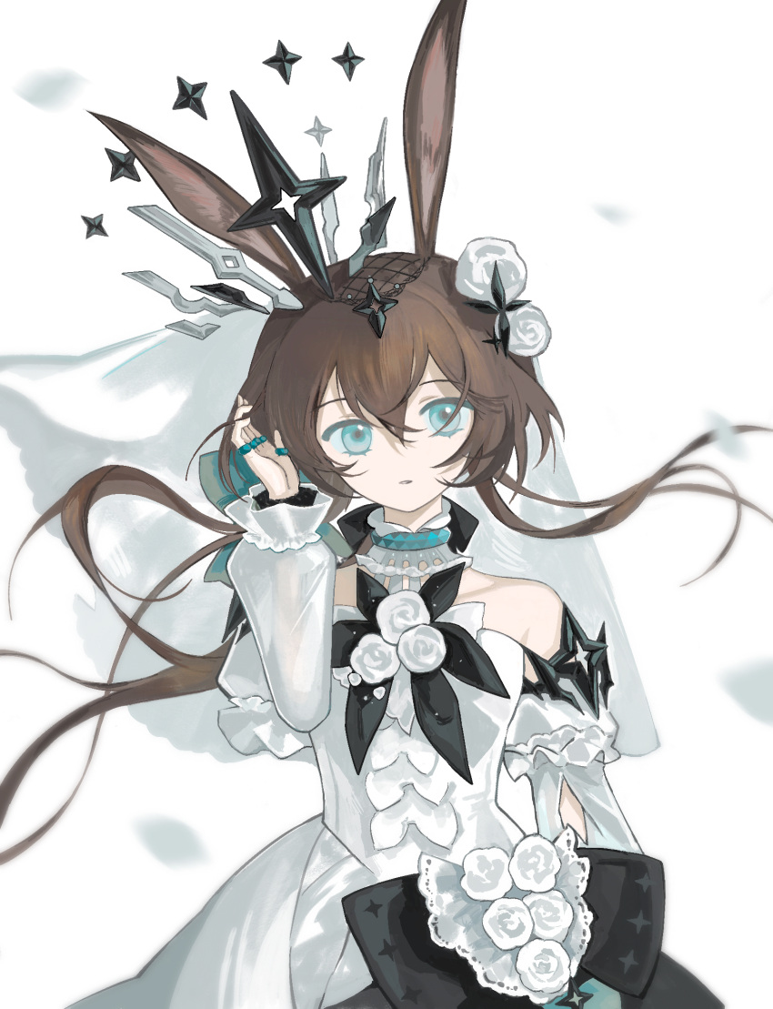 1girl, amiya_(arknights), animal_ears, arknights, arm_up, bare_shoulders, blue_collar, blue_eyes