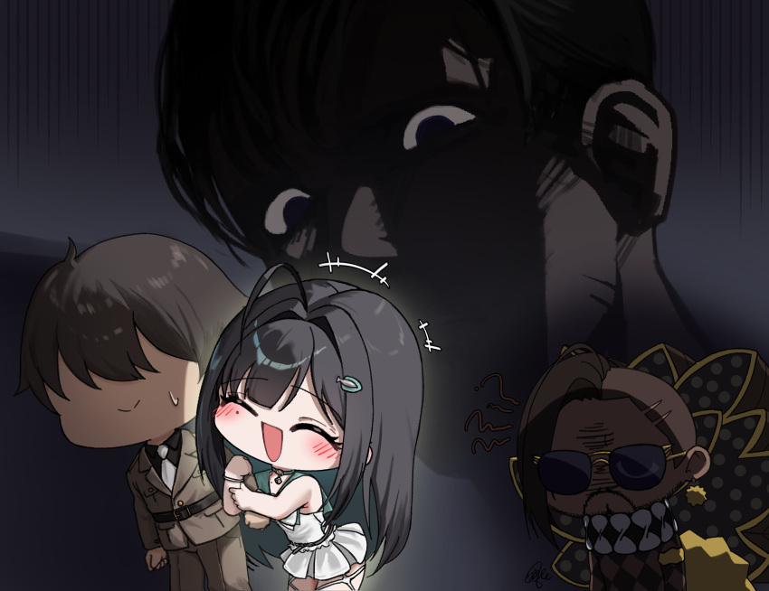 1girl, 2boys, ahoge, angry, arm_hug, black_hair, blush, brown_hair