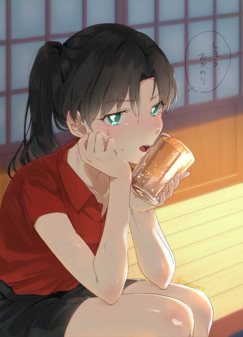 1girl, artist_name, black_hair, black_skirt, blush, collared_shirt, commentary, commentary_request