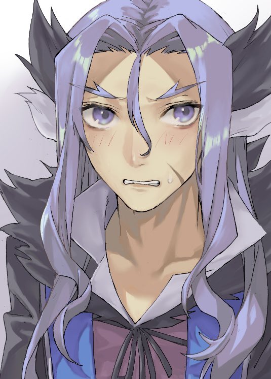 1boy, animal_ears, blue_hair, commentary_request, diras, forked_eyebrows, hair_between_eyes, horse_boy