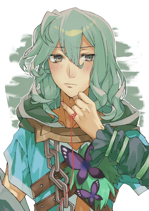 1boy, chain, closed_mouth, commentary_request, grey_hair, hair_between_eyes, long_hair, long_sleeves