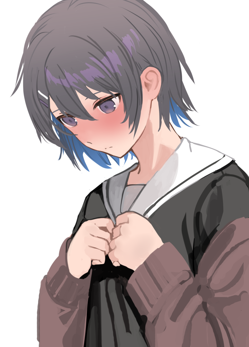 1boy, black_shirt, blue_hair, blush, brown_cardigan, cardigan, cardigan_pull, closed_mouth