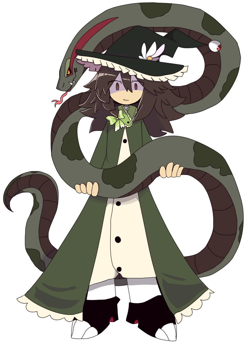 absurdres, anaconda, bow, brown_eyes, brown_hair, clawed_boots, green_bow, hat