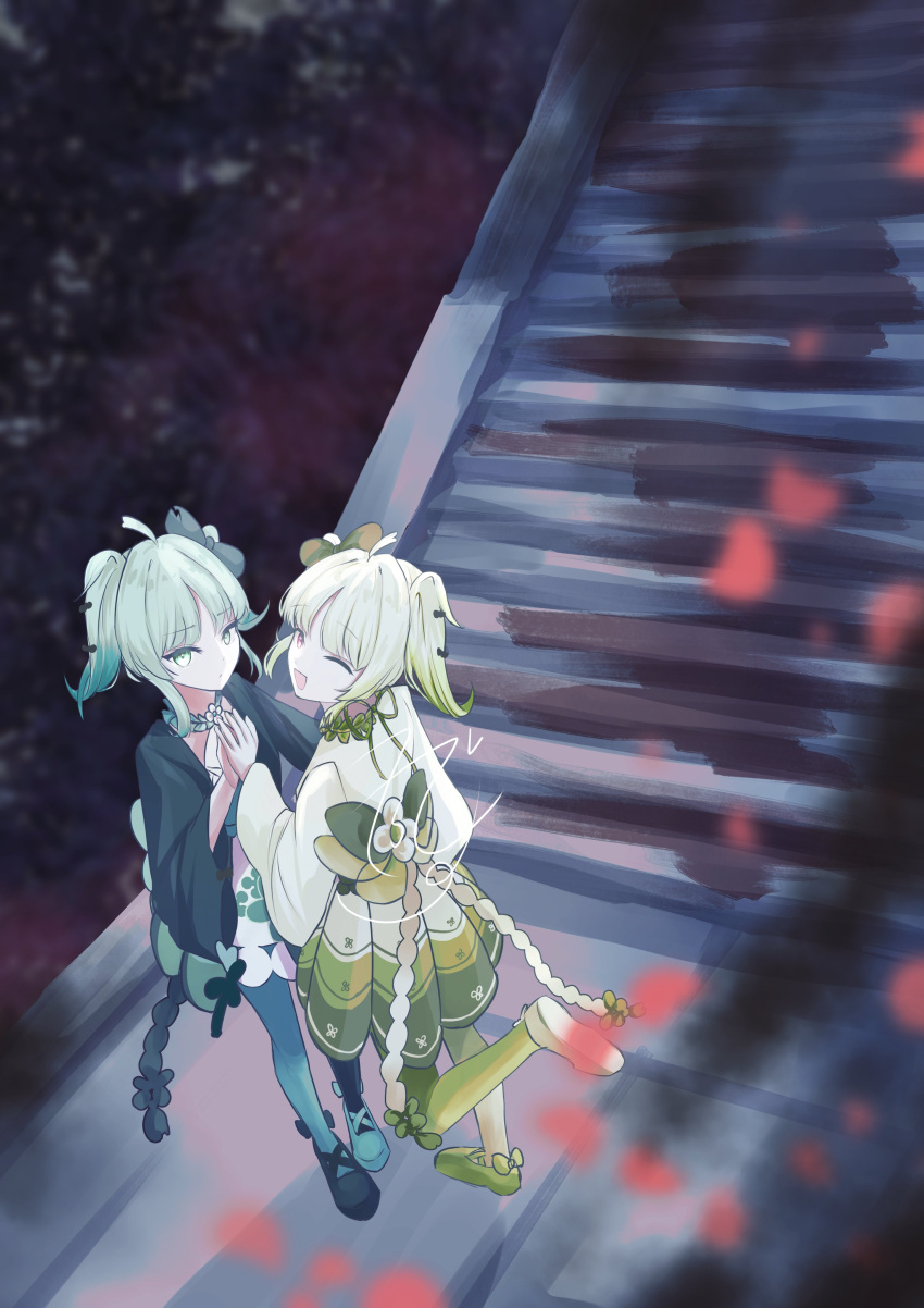 2girls, 7sdesu, absurdres, aqua_hair, bow, bowtie, commentary_request, flower_ornament