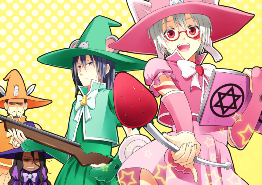 cosplay, crossdressinging, facial_mark, glasses, gun, hat, hexagram, inukashi