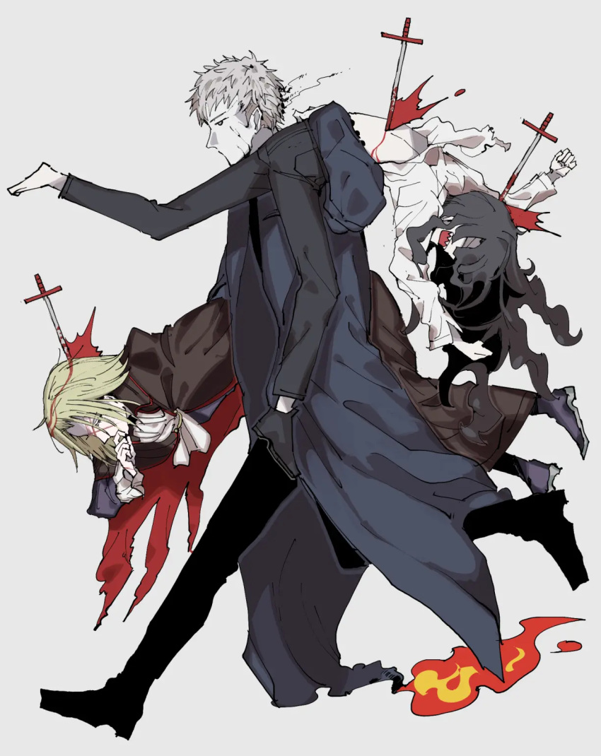 3boys, ascot, bad_id, bad_pixiv_id, barefoot, black_coat, black_keys_(type-moon), black_pants