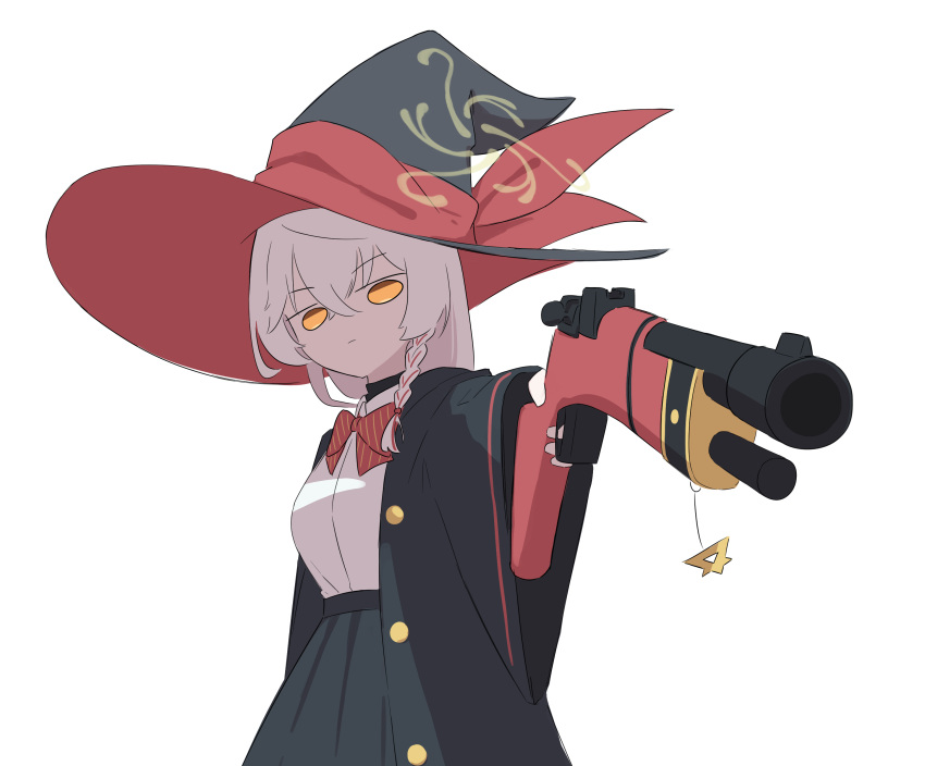 1girl, absurdres, aiming, aiming_at_viewer, black_hat, black_jacket, black_skirt, blue_archive