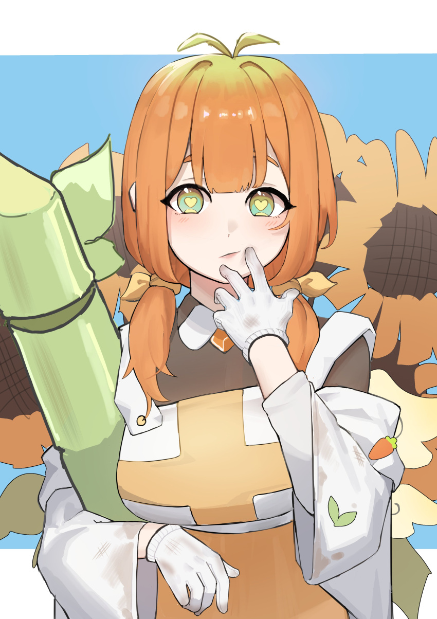 1girl, absurdres, antenna_hair, blue_sky, blush, coat, day, flower